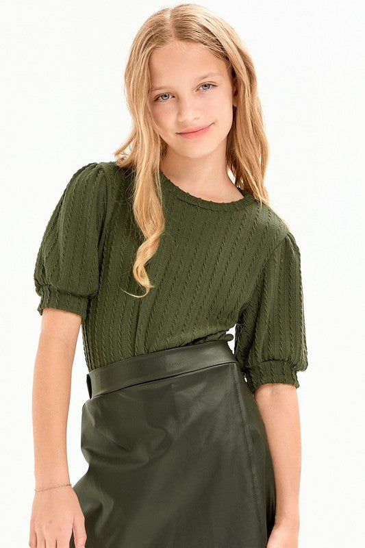 Girls Cable Knit Puff Shoulder Top