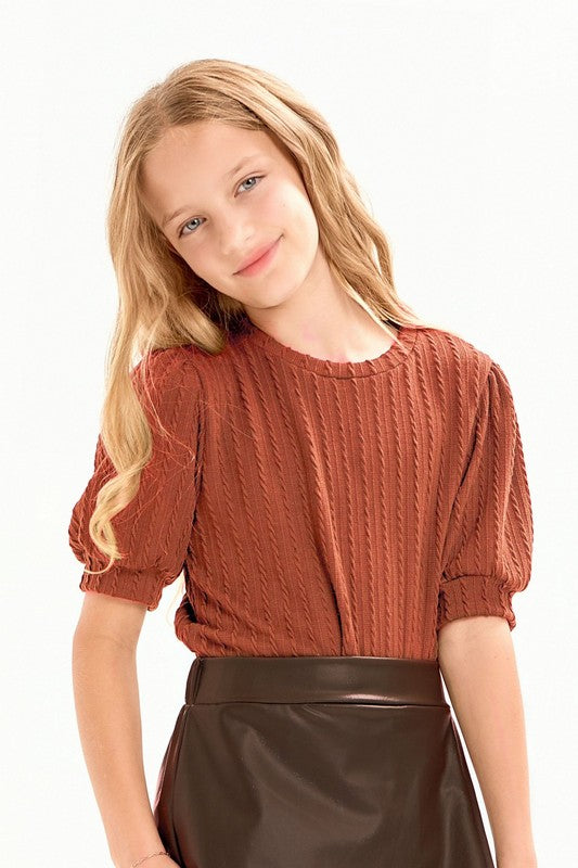 Girls Cable Knit Puff Shoulder Top